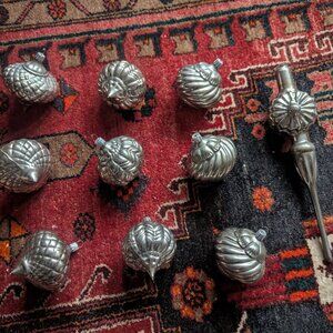 9 silver-toned Top-shaped Smith & Hawken Xmas Ornaments + tree topper